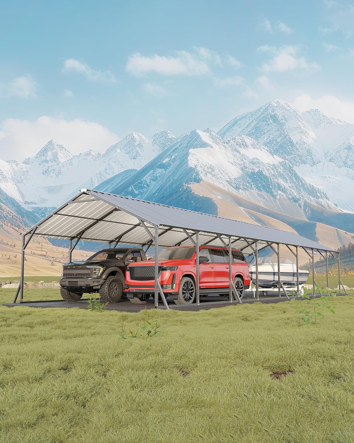 GarveeLife 20x40 carport review and rating close-up of galvanized steel poles and sheet metal panels during assembly