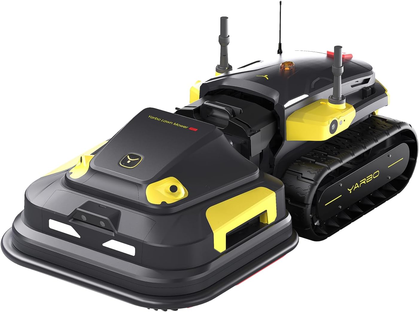 YARBO robot lawn mower review — full package contents showing mower body, charging dock, and accessories