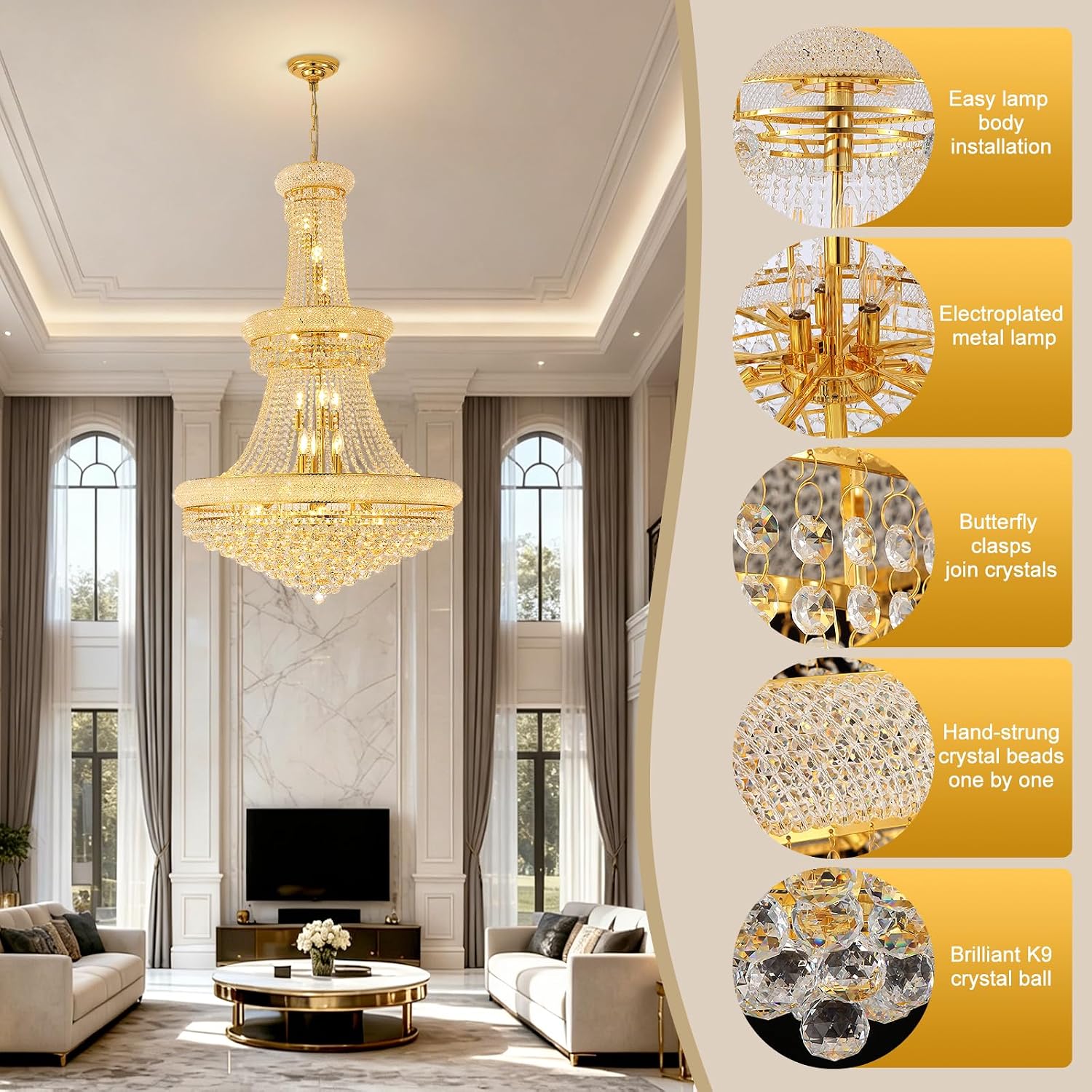 Setting up the With Light Forward chandelier review,27-lights high ceiling chandelier review,modern gold crystal chandelier review pros cons,large foyer chandelier review verdict,With Light Forward chandelier review honest opinion,gold crystal chandelier review worth buying for the first time