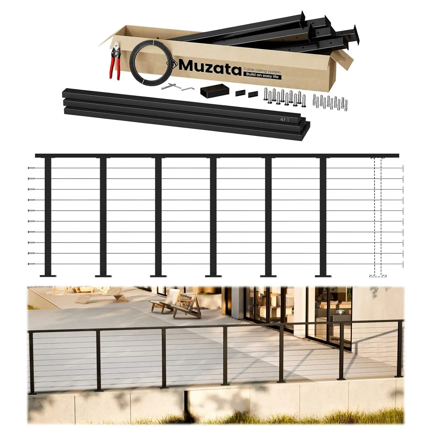 Muzata Cable Railing Kit Review: Pros & Cons 1 Muzata cable railing kit review unboxing — what comes in the box with posts, handrails, cables, and hardware