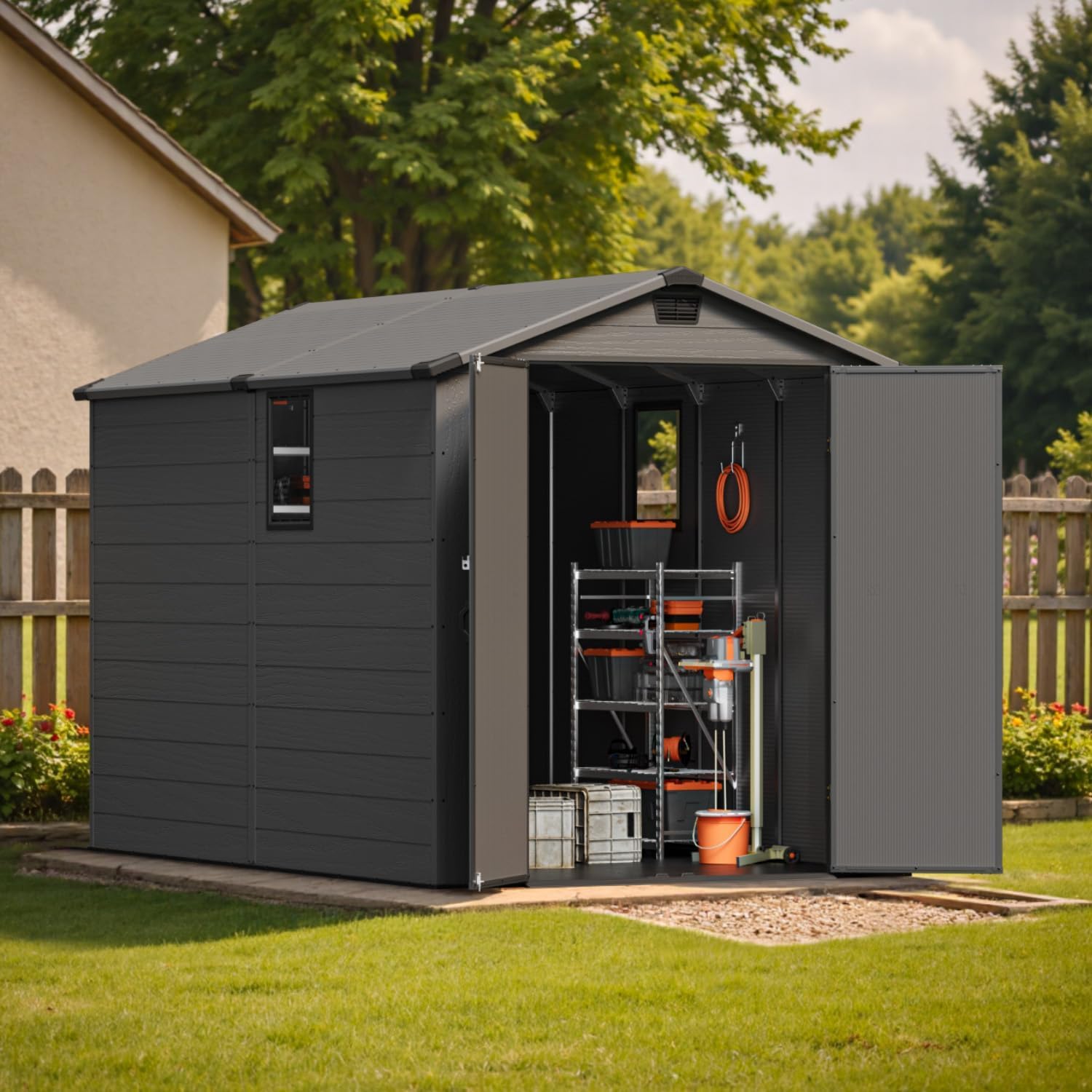 Patiowell 6x10 FT Outdoor Storage Shed Review: Pros & Cons 2 Patiowell 6x10 FT outdoor storage shed review — design and build quality detail showing panel texture and roof peak